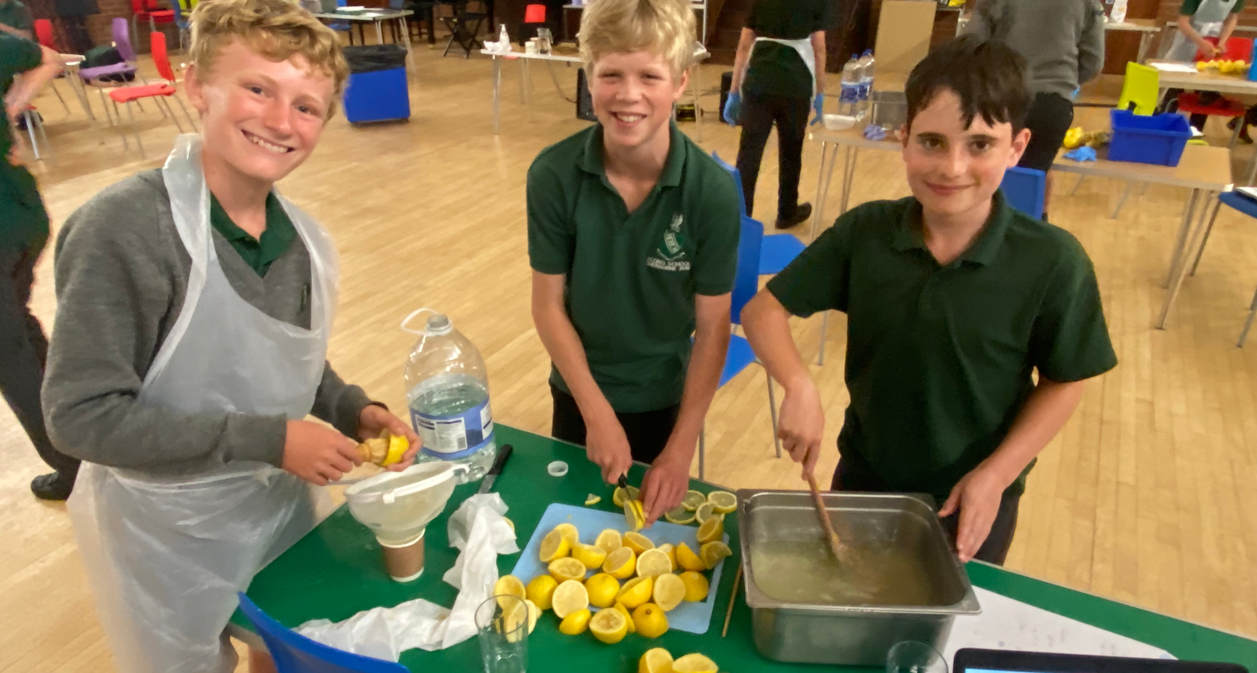 kids cutting and squeezing lemons